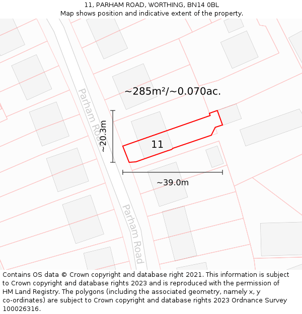 11, PARHAM ROAD, WORTHING, BN14 0BL: Plot and title map