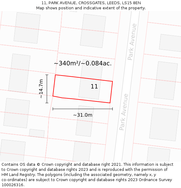 11, PARK AVENUE, CROSSGATES, LEEDS, LS15 8EN: Plot and title map