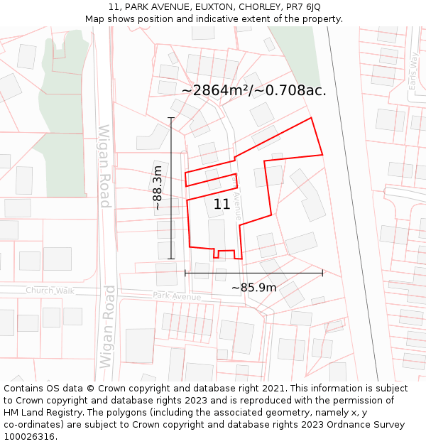 11, PARK AVENUE, EUXTON, CHORLEY, PR7 6JQ: Plot and title map