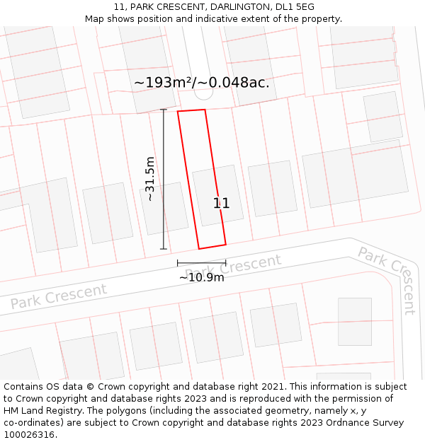 11, PARK CRESCENT, DARLINGTON, DL1 5EG: Plot and title map