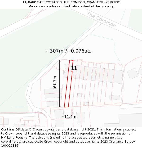 11, PARK GATE COTTAGES, THE COMMON, CRANLEIGH, GU6 8SG: Plot and title map