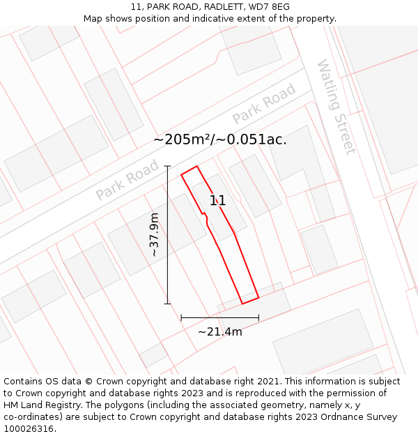 11, PARK ROAD, RADLETT, WD7 8EG: Plot and title map