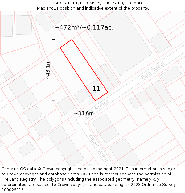 11, PARK STREET, FLECKNEY, LEICESTER, LE8 8BB: Plot and title map