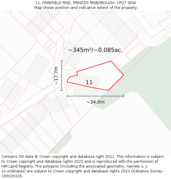 11, PARKFIELD RISE, PRINCES RISBOROUGH, HP27 0DW: Plot and title map