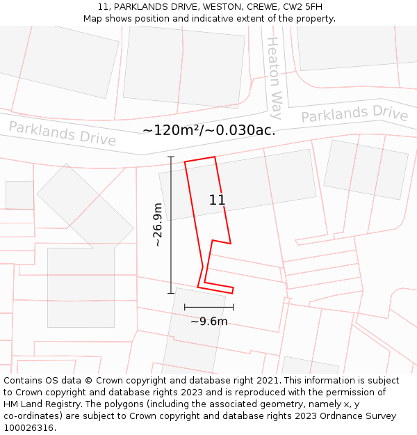 11, PARKLANDS DRIVE, WESTON, CREWE, CW2 5FH: Plot and title map