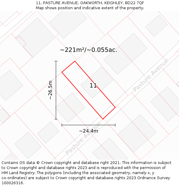 11, PASTURE AVENUE, OAKWORTH, KEIGHLEY, BD22 7QF: Plot and title map