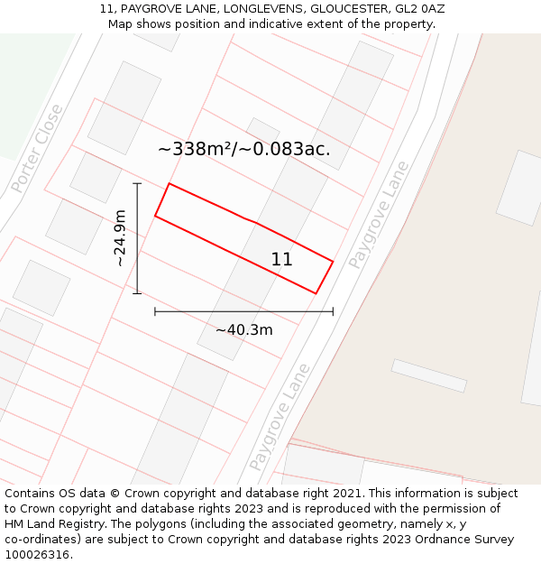 11, PAYGROVE LANE, LONGLEVENS, GLOUCESTER, GL2 0AZ: Plot and title map