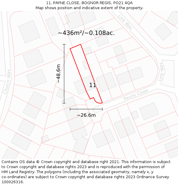 11, PAYNE CLOSE, BOGNOR REGIS, PO21 4QA: Plot and title map