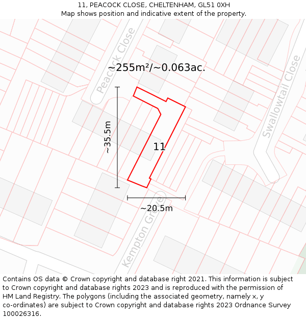 11, PEACOCK CLOSE, CHELTENHAM, GL51 0XH: Plot and title map