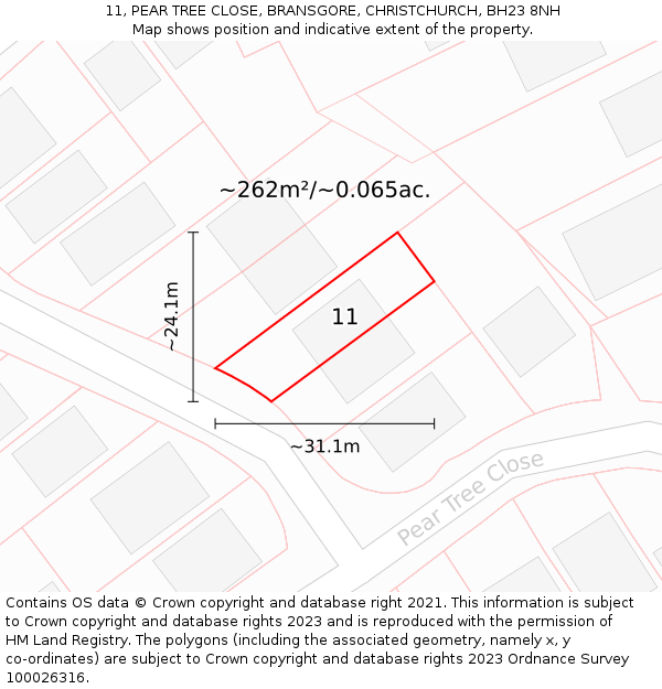 11, PEAR TREE CLOSE, BRANSGORE, CHRISTCHURCH, BH23 8NH: Plot and title map