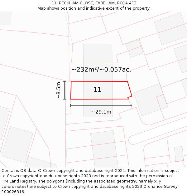 11, PECKHAM CLOSE, FAREHAM, PO14 4FB: Plot and title map