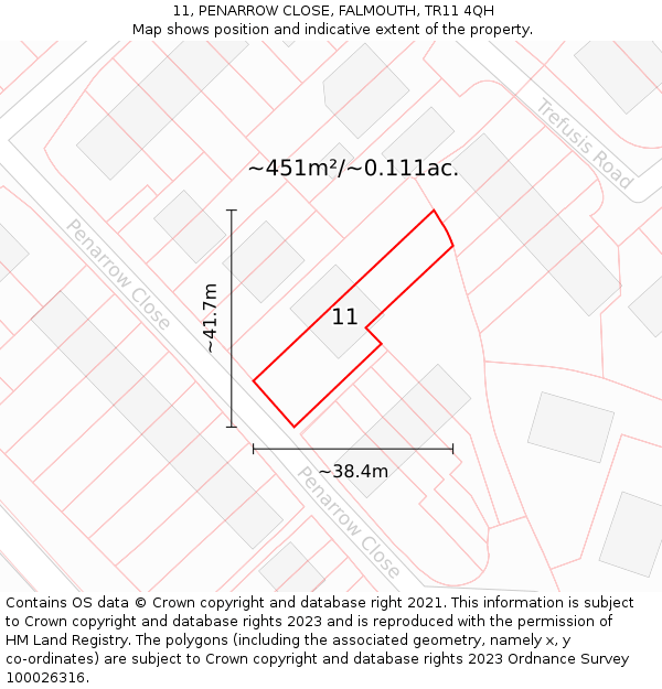 11, PENARROW CLOSE, FALMOUTH, TR11 4QH: Plot and title map