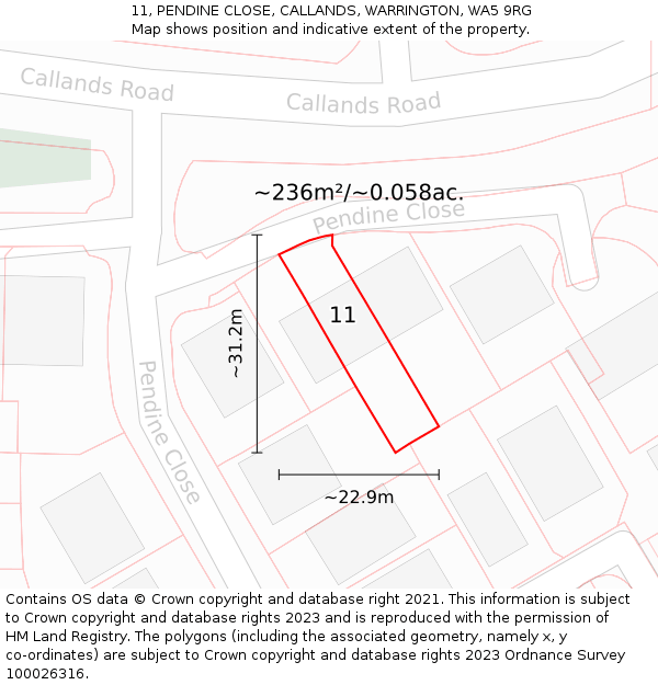 11, PENDINE CLOSE, CALLANDS, WARRINGTON, WA5 9RG: Plot and title map