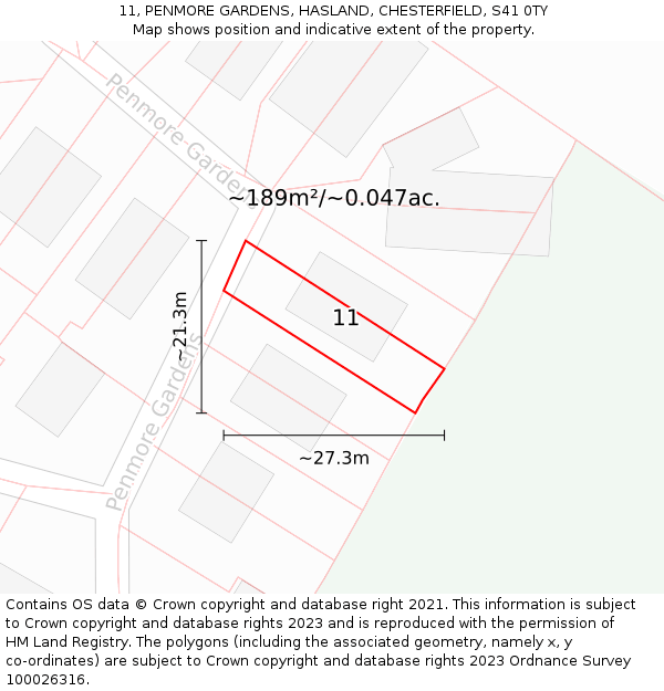 11, PENMORE GARDENS, HASLAND, CHESTERFIELD, S41 0TY: Plot and title map