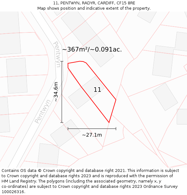 11, PENTWYN, RADYR, CARDIFF, CF15 8RE: Plot and title map