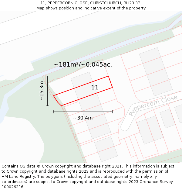 11, PEPPERCORN CLOSE, CHRISTCHURCH, BH23 3BL: Plot and title map