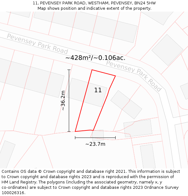 11, PEVENSEY PARK ROAD, WESTHAM, PEVENSEY, BN24 5HW: Plot and title map