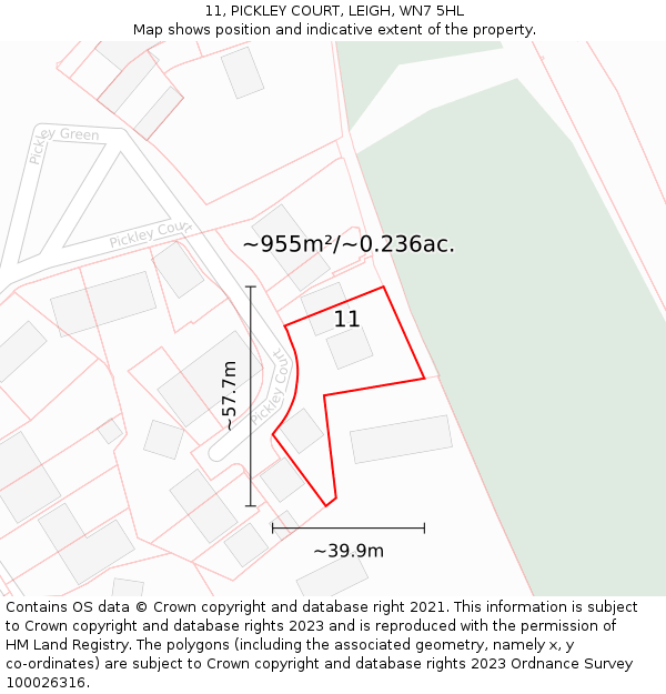 11, PICKLEY COURT, LEIGH, WN7 5HL: Plot and title map