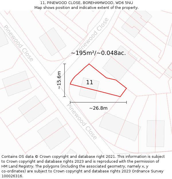 11, PINEWOOD CLOSE, BOREHAMWOOD, WD6 5NU: Plot and title map