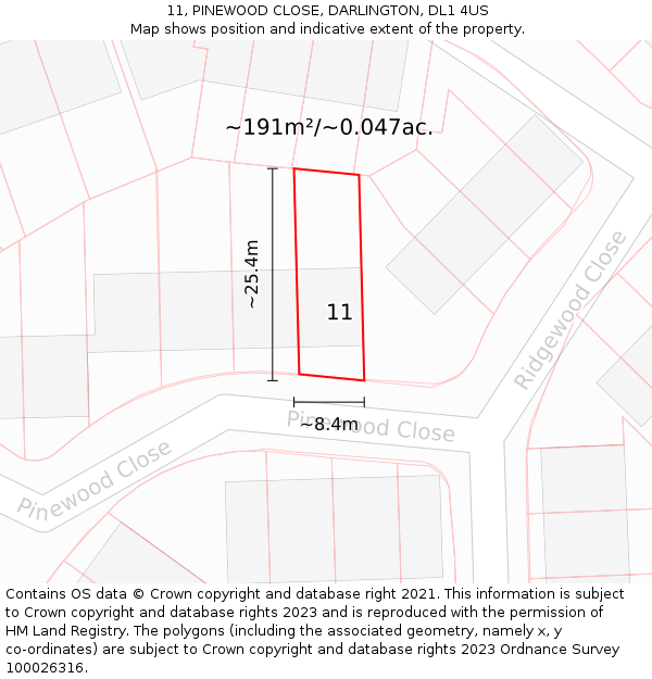 11, PINEWOOD CLOSE, DARLINGTON, DL1 4US: Plot and title map