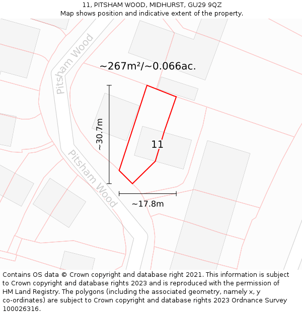 11, PITSHAM WOOD, MIDHURST, GU29 9QZ: Plot and title map