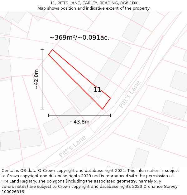 11, PITTS LANE, EARLEY, READING, RG6 1BX: Plot and title map