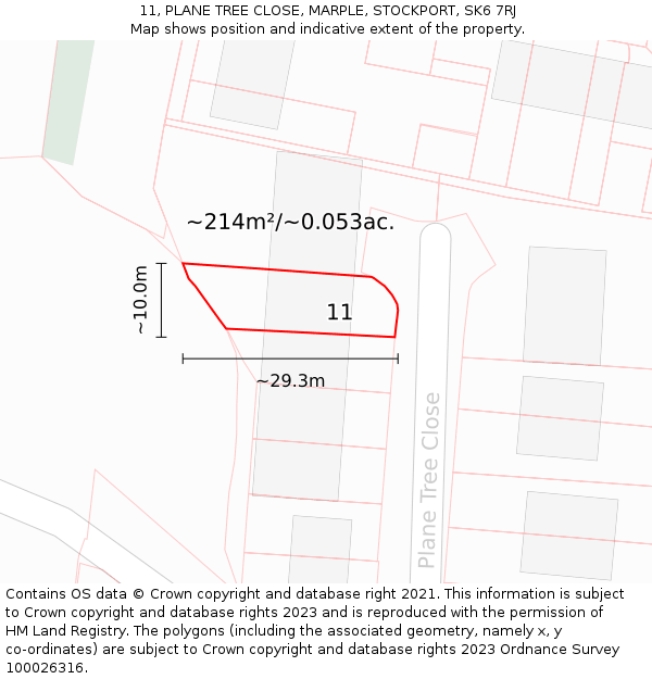 11, PLANE TREE CLOSE, MARPLE, STOCKPORT, SK6 7RJ: Plot and title map