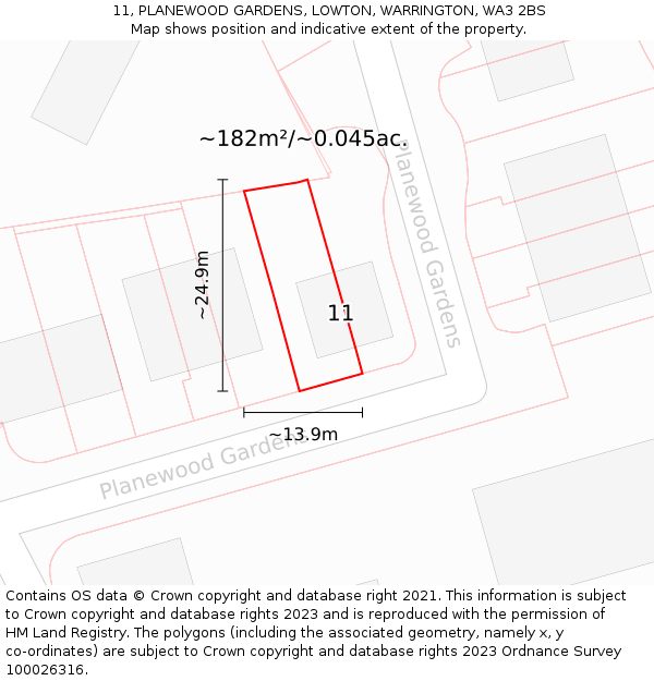 11, PLANEWOOD GARDENS, LOWTON, WARRINGTON, WA3 2BS: Plot and title map