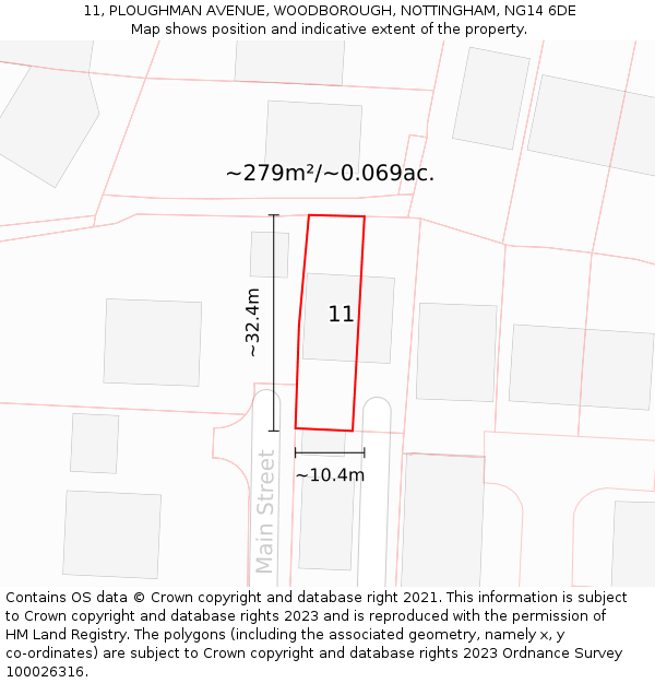 11, PLOUGHMAN AVENUE, WOODBOROUGH, NOTTINGHAM, NG14 6DE: Plot and title map