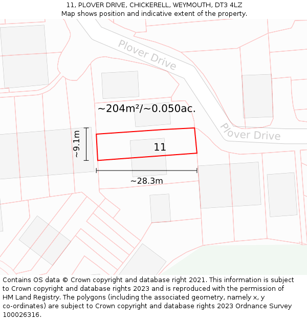 11, PLOVER DRIVE, CHICKERELL, WEYMOUTH, DT3 4LZ: Plot and title map