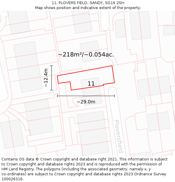 11, PLOVERS FIELD, SANDY, SG19 2SH: Plot and title map