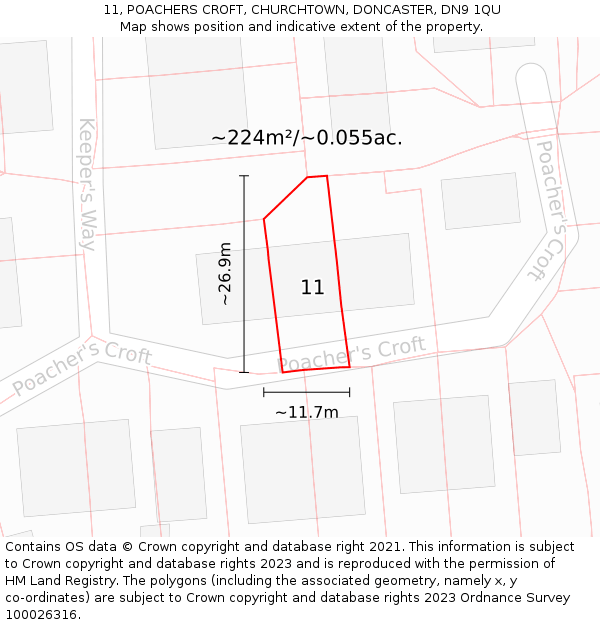 11, POACHERS CROFT, CHURCHTOWN, DONCASTER, DN9 1QU: Plot and title map