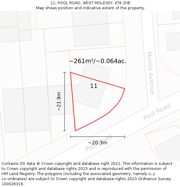 11, POOL ROAD, WEST MOLESEY, KT8 2HE: Plot and title map