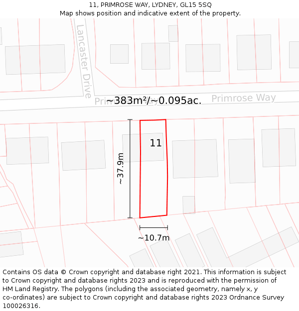 11, PRIMROSE WAY, LYDNEY, GL15 5SQ: Plot and title map