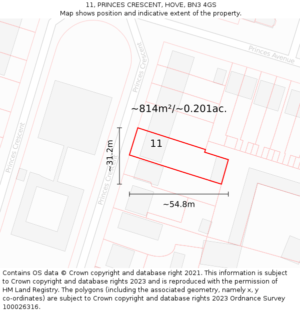 11, PRINCES CRESCENT, HOVE, BN3 4GS: Plot and title map