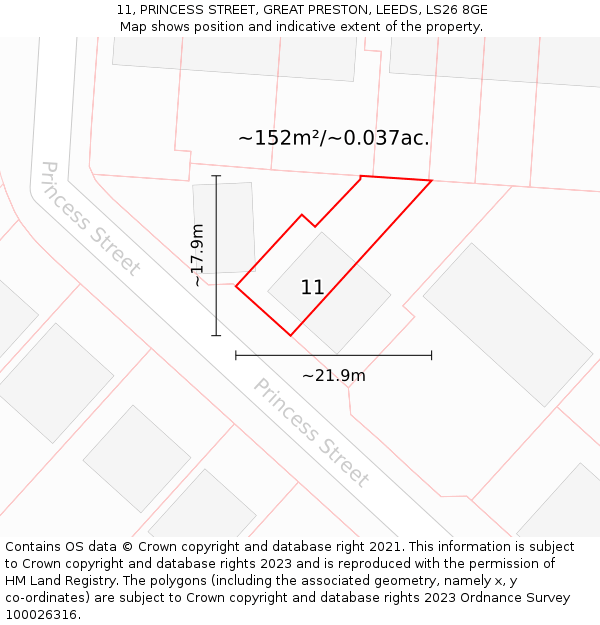 11, PRINCESS STREET, GREAT PRESTON, LEEDS, LS26 8GE: Plot and title map