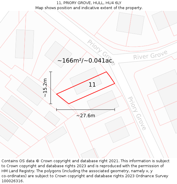 11, PRIORY GROVE, HULL, HU4 6LY: Plot and title map