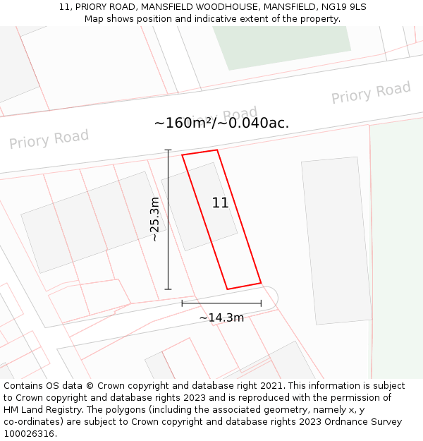 11, PRIORY ROAD, MANSFIELD WOODHOUSE, MANSFIELD, NG19 9LS: Plot and title map