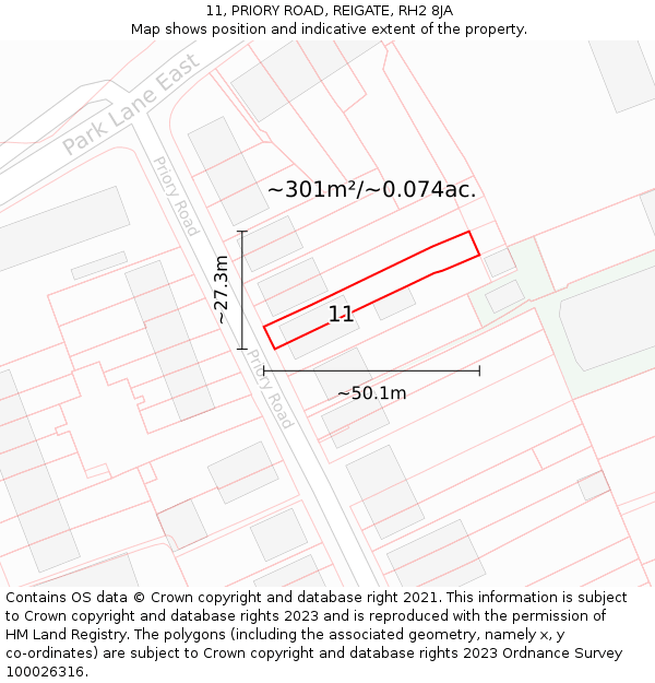 11, PRIORY ROAD, REIGATE, RH2 8JA: Plot and title map