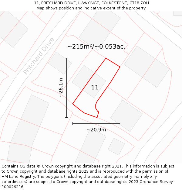 11, PRITCHARD DRIVE, HAWKINGE, FOLKESTONE, CT18 7QH: Plot and title map