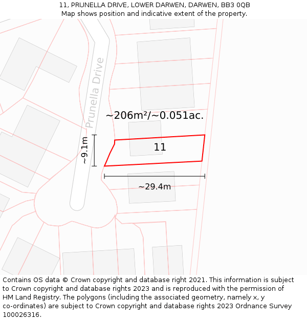 11, PRUNELLA DRIVE, LOWER DARWEN, DARWEN, BB3 0QB: Plot and title map