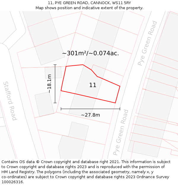 11, PYE GREEN ROAD, CANNOCK, WS11 5RY: Plot and title map