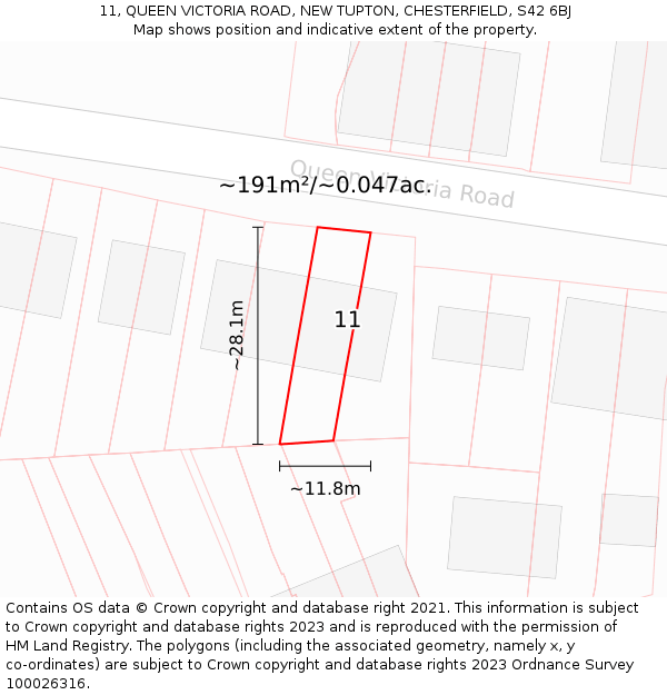 11, QUEEN VICTORIA ROAD, NEW TUPTON, CHESTERFIELD, S42 6BJ: Plot and title map