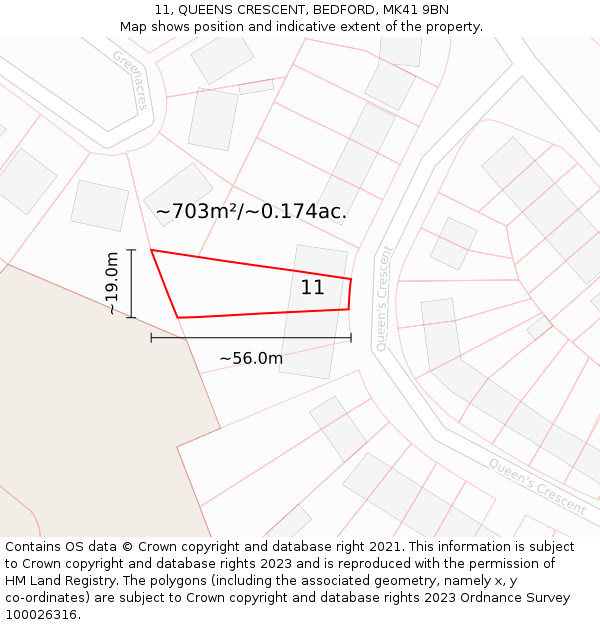 11, QUEENS CRESCENT, BEDFORD, MK41 9BN: Plot and title map