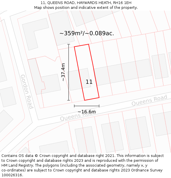 11, QUEENS ROAD, HAYWARDS HEATH, RH16 1EH: Plot and title map