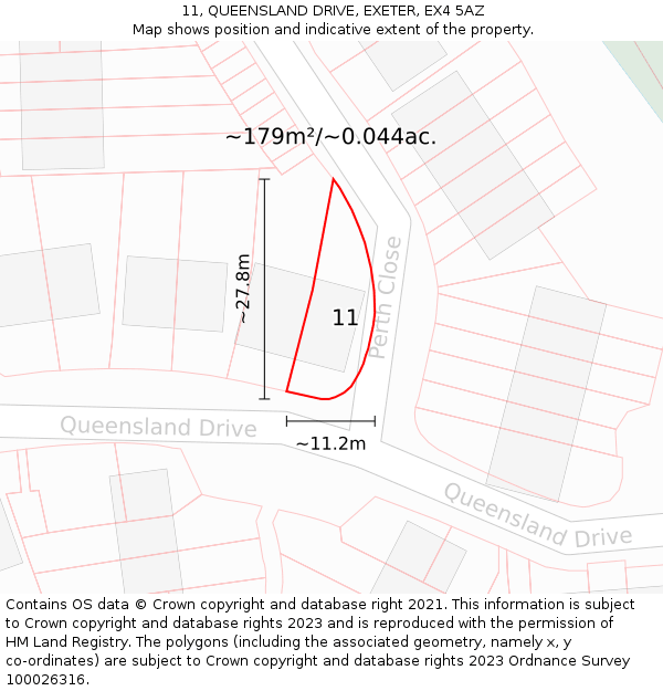 11, QUEENSLAND DRIVE, EXETER, EX4 5AZ: Plot and title map