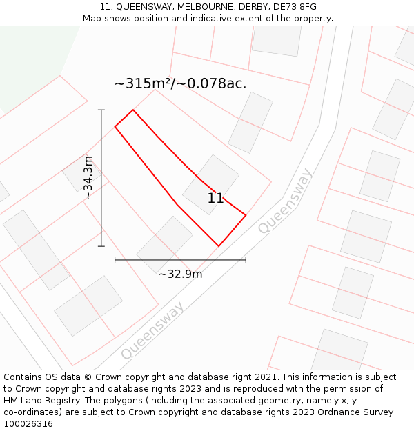 11, QUEENSWAY, MELBOURNE, DERBY, DE73 8FG: Plot and title map