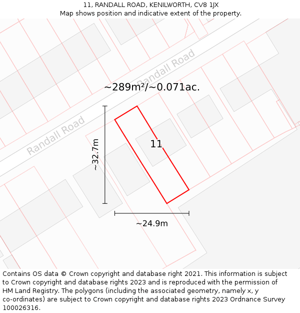 11, RANDALL ROAD, KENILWORTH, CV8 1JX: Plot and title map