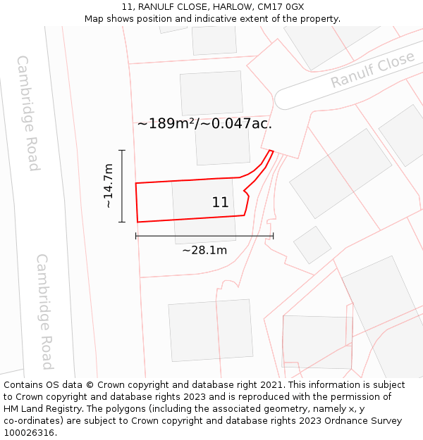 11, RANULF CLOSE, HARLOW, CM17 0GX: Plot and title map