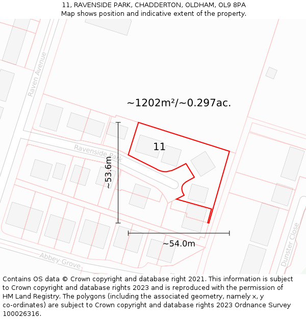 11, RAVENSIDE PARK, CHADDERTON, OLDHAM, OL9 8PA: Plot and title map